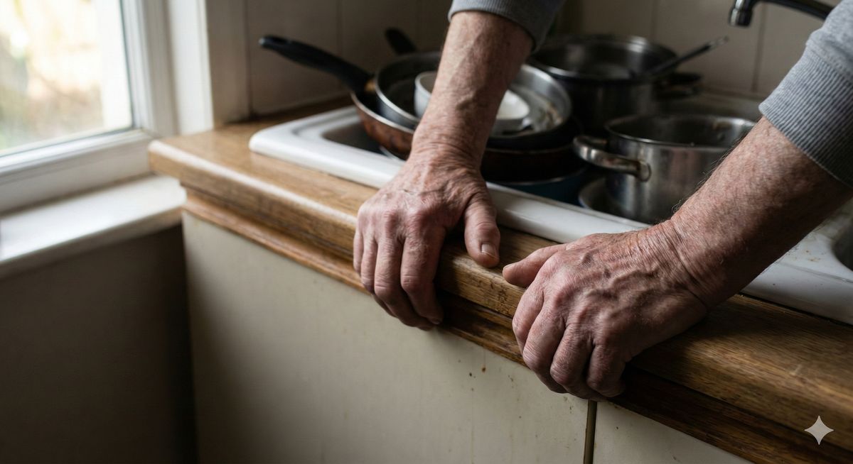 Elderly hands preparing food at a kitchen counter